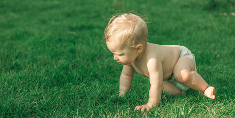 Close up of the baby playing outdoors