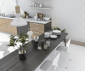 3d rendering wood kitchen bar with dining table and chair