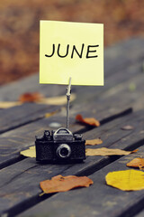 june. blank paper sticker with autumn leaves on old wood 