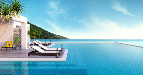 Naklejka premium Salon plażowy, leżaki na tarasie do opalania i prywatny basen z panoramicznym widokiem na morze w luksusowej willi / renderingu 3d