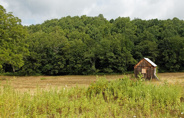 Fototapeta na wymiar Remote farm outbuilding in field.