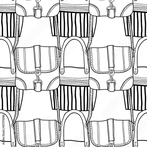 "Fashion women handbag for coloring book. Black and white seamless