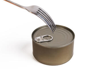 One can no label and fork on white background. One shiny food tin can with no label and fork try to open isolated on white.