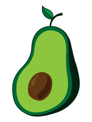 Half of avocado with skin, pulp and seed inside, green avocado vector illustration doodle cartoon drawing.
