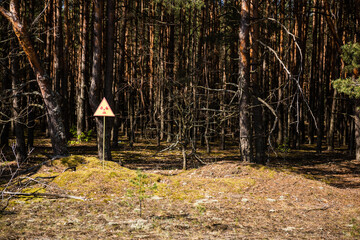 radioactive warning sign at the red forest in chernobyl