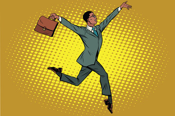 Fototapeta na wymiar Elegant funny African businessman with briefcase running on tipt