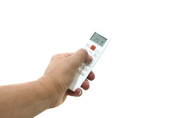 Man had use white air condition remote control point to something. 25 degree Celsius preventive from Global warming.  Clipping path included.