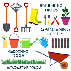 A set of tools for gardening on a white background