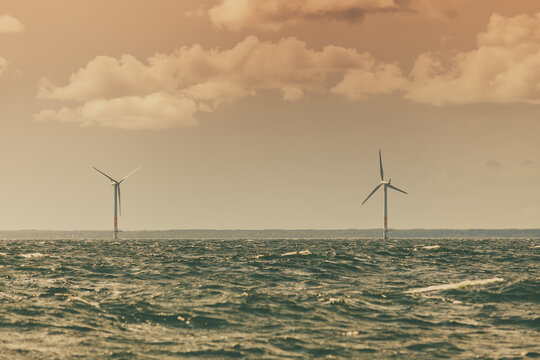 Wind turbines farm in Baltic Sea, Denmark