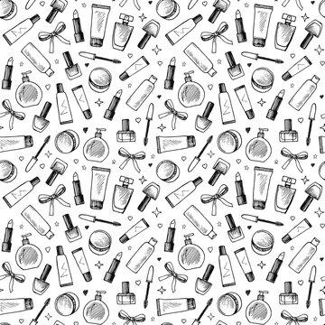 Hand drawn seamless pattern of cosmetics. Vector illustration on white background