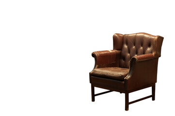 Damage and old brown leather sofa isolated, clipping path included.