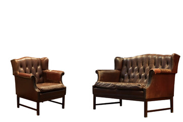 Damage and old brown leather sofa isolated, clipping path included.