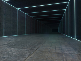 Long dark corridor interior with futuristic light.3D rendering