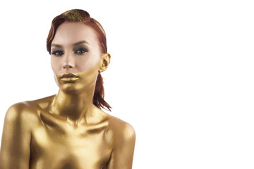 the girl tinted in gold, isolated on a white background