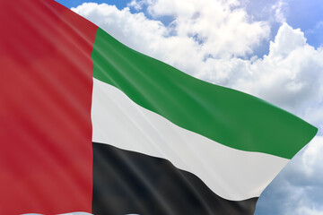 3D rendering of UAE flag waving on blue sky background