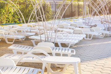 Empty sunbeds at the pool
