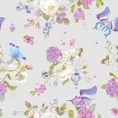 Colorful Flowers Background with Butterflies. Seamless Floral Shabby Chic Pattern in vector