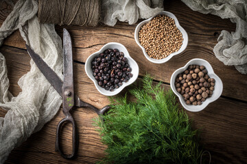 Grain of the herbs in the little bowl.