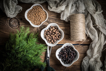 Grain of the herbs in the little bowl.
