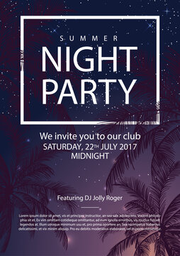Summer party poster with palm trees. Night party