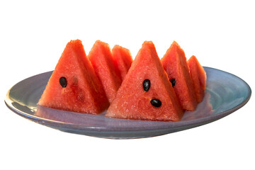 Watermelon Slice on blue Plate with white background