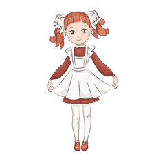 Cute little girl in russian school uniforms. Hand drawn illustration isolated on white background.
