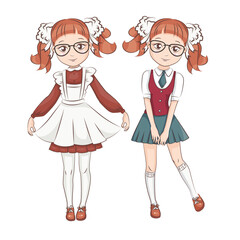 Two girlfriends in school uniforms. Hand drawn illustration isolated on white background.