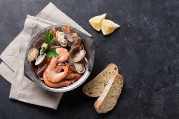 Wall murals Sea Food Fresh seafood bowl on stone table. Scallops and shrimps
