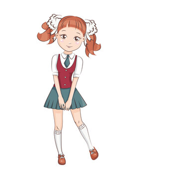 Cute little girl in school uniforms. Hand drawn illustration isolated on white background.