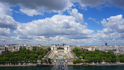 Fototapeta na wymiar Aerial view of Trocadero gardens from Eiffel tower with beautiful scattered clouds, Paris, France