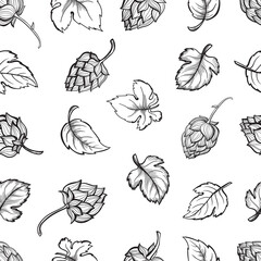 Hand drawn engraving style Hops Seamless pattern. Common hop or Humulus lupulus branch with leaves and cones. Black and white Vector Floral background