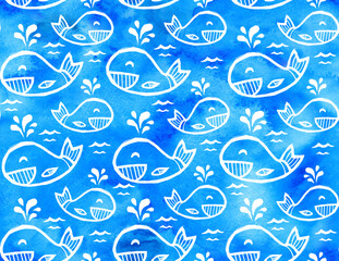 White cute smiling whales on watercolor background vector seamless pattern