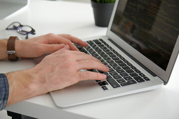 Fototapeta na wymiar Male hands on laptop keyboard, closeup
