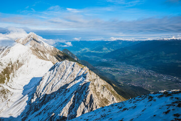 View from Hafelekarspitze at Innsbruck to mountain scenery of Innsbruck valley, Austria