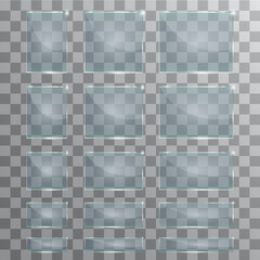 Vector modern transparent glass plates set on sample background. 