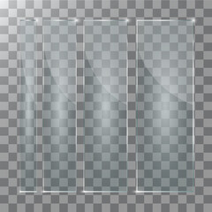 Vector modern transparent glass plates set on sample background. 
