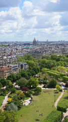 Aerial view of gardens from Eiffel tower with beautiful scattered clouds, Paris, France