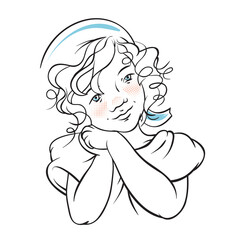 Little Girl Doodle, Kid Smiling, Vintage Look With Sailor Hat, Isolated On White Background, Vector Illustration.