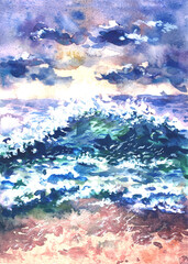 Fototapeta na wymiar Landscape with sea surf, painted in watercolor. Seascape.