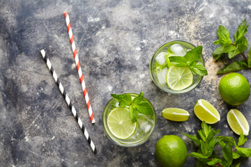 Mojito cocktail alcohol drink summer beverage top view copy space two highball glass