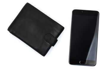 Cell phone with black blank screen with leather wallet