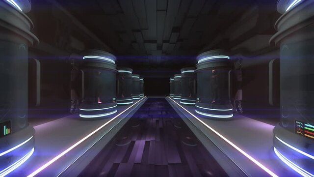 Human Bodies in Hibernation or Cloning Capsules Wide Cinematic 3D Animation