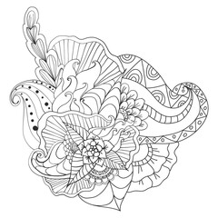 Hand drawn artistic ethnic ornamental patterned floral frame in doodle style,adult coloring pages.