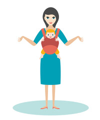 Mother with child born baby in a baby carrier, sling.