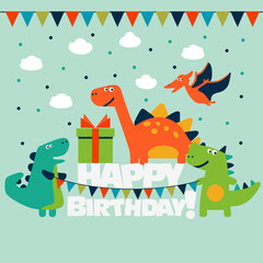 Obraz na płótnie Canvas Happy birthday - lovely vector card with funny dinosaurs. Ideal for cards, logo, invitations, party, banners, kindergarten, preschool and children room decoration