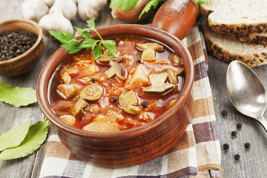 Vegetarian beetroots soup with  mushrooms