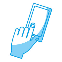 hand with a smartphone device icon over white background. vector illustration