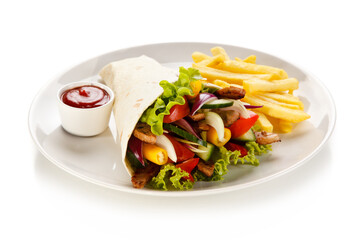 Tortilla wrap with french fries on white background 
