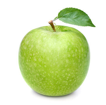 green apple with leaves isolated on white background
