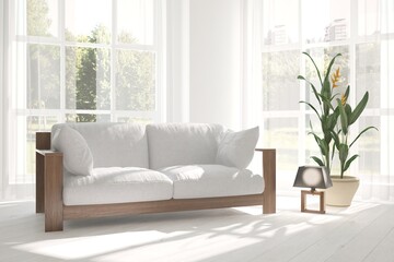 White room with sofa and green landscape in window. Scandinavian interior design. 3D illustration